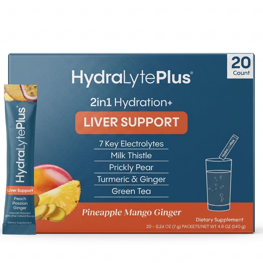 Hydralyte Liver-Unterstützung + Elektrolyt-Mischung mit Milchdistel, Turmeric, Ginger, Prickly Pear, Grüner Tee-Extrakt für schnelle Rehydrierung (Pineapple Mango Ginger, 20 Packungen)