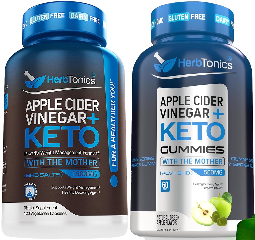 Herbtonics Apple Cider Essig Kapseln mit Keto BHB - Unterstützt Verdauung, Detox und Stoffwechsel für Frauen und Männer, Sugar-Free, Keto Formel.