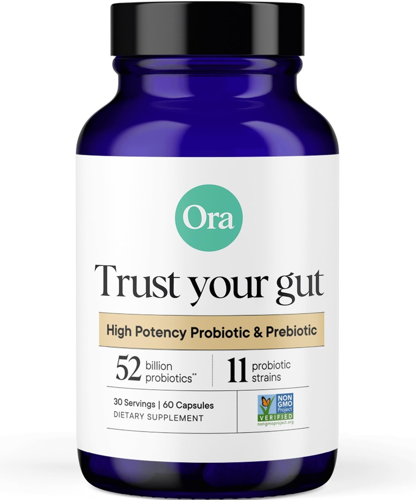 Probiotiques organiques Ora avec prébiotiques - 52 milliards CFU 11 Fraises cliniques pour la santé digestive, faites confiance à votre Gut, sans gluten, 60 capsules
