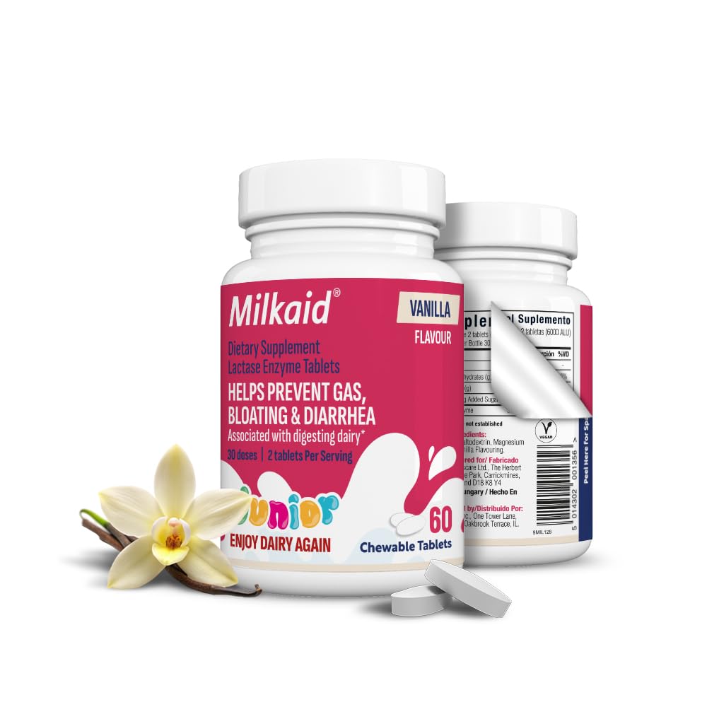 Milkaid Junior Lactase Enzym Chewable Tabletten für Lactose Intolerance | Verhindert Gas, Bloating, Durchfall in Childrens Fast Acting Dairy Digestive Supplement für Kinder| 60 ct (60 Tabletten, Vanille)