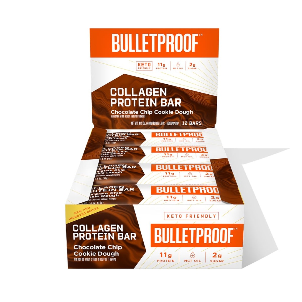 Bulletproof Chocolate Chip Cookie Dough Collagen Protein Bars, Paket von 12, Keto-Friendly Snack mit MCT-Öl, Grass-fed Collagen, Kein Hinzugefügt Zucker