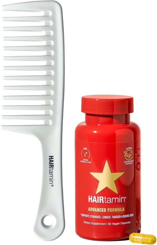 Hairtamin Advanced Vegan Biotin Supplement Pack de cheveux, de la peau et des ongles avec peigne démêlant doux pour promouvoir la croissance et l'épaisseur