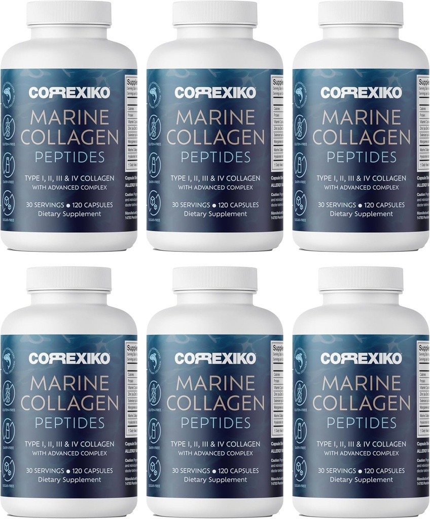 CORREXIKO Marine Collagen Supplement Pillen - 1800mg hydrolysierte Collagen Peptide pro Servieren mit Hinzugefügt Hyaluronsäure, Vitamin C & Minerals - für Haar, Haut und Nägel - 720 Kapseln 6 Monat Versorgung