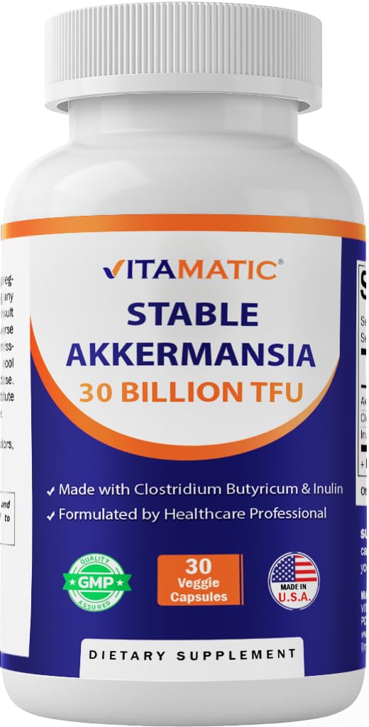 Vitamatic Akkermansia Muciniphila 30 Billion TFU + Clostridium Butyricum + Prebiotic Inulin - GLP-1 Probiotic - 30 Vegan Capsules - 30 Servings