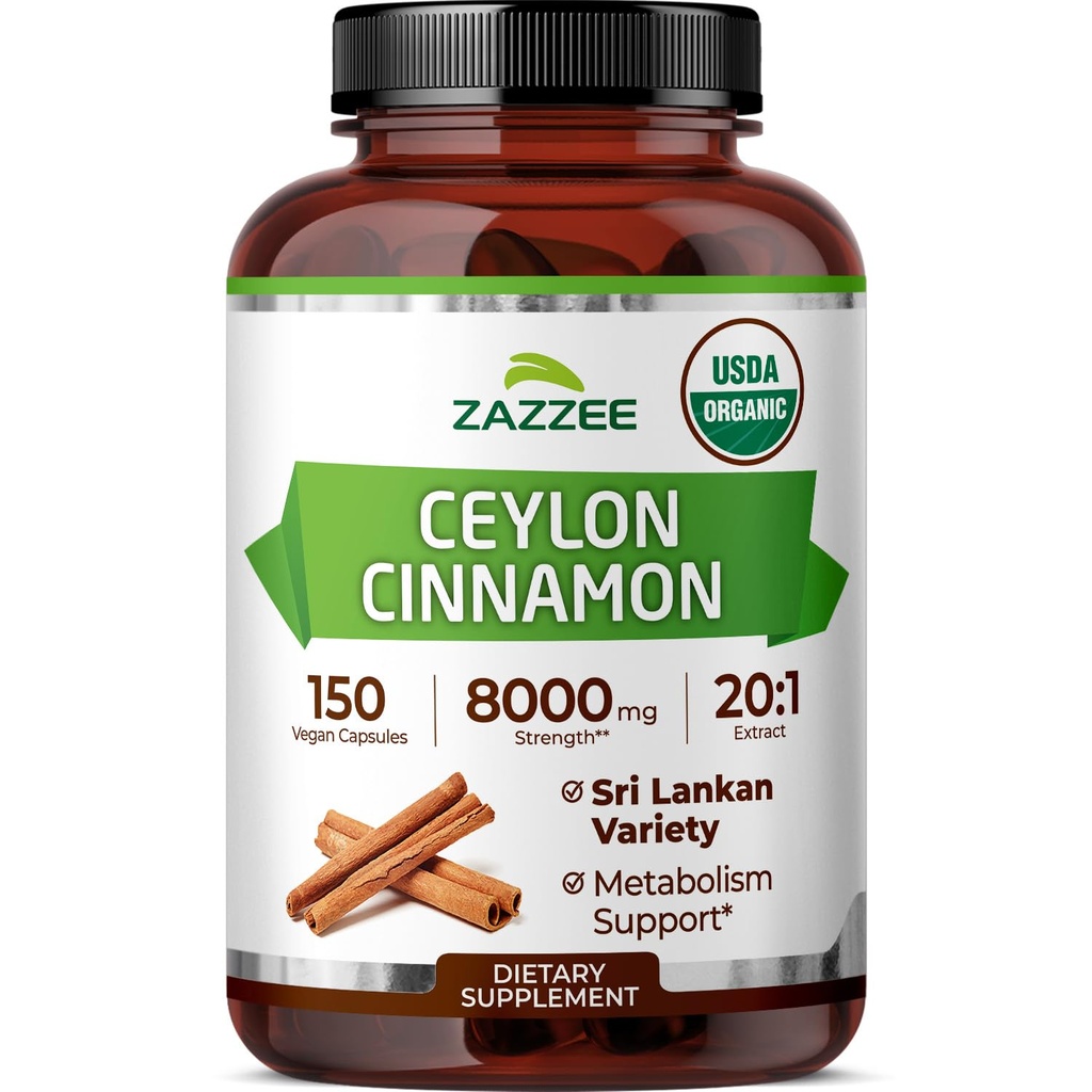 Zazzee USDA Organic Ceylon Cinnamon 20:1 Extract, 150 Vegan Capsules, 5 Month Supply, Sri Lankan Variety, Cinnamomum Verum, Antioxidant & Metabolic Support, All-Natural, Non-GMO, Made in the USA