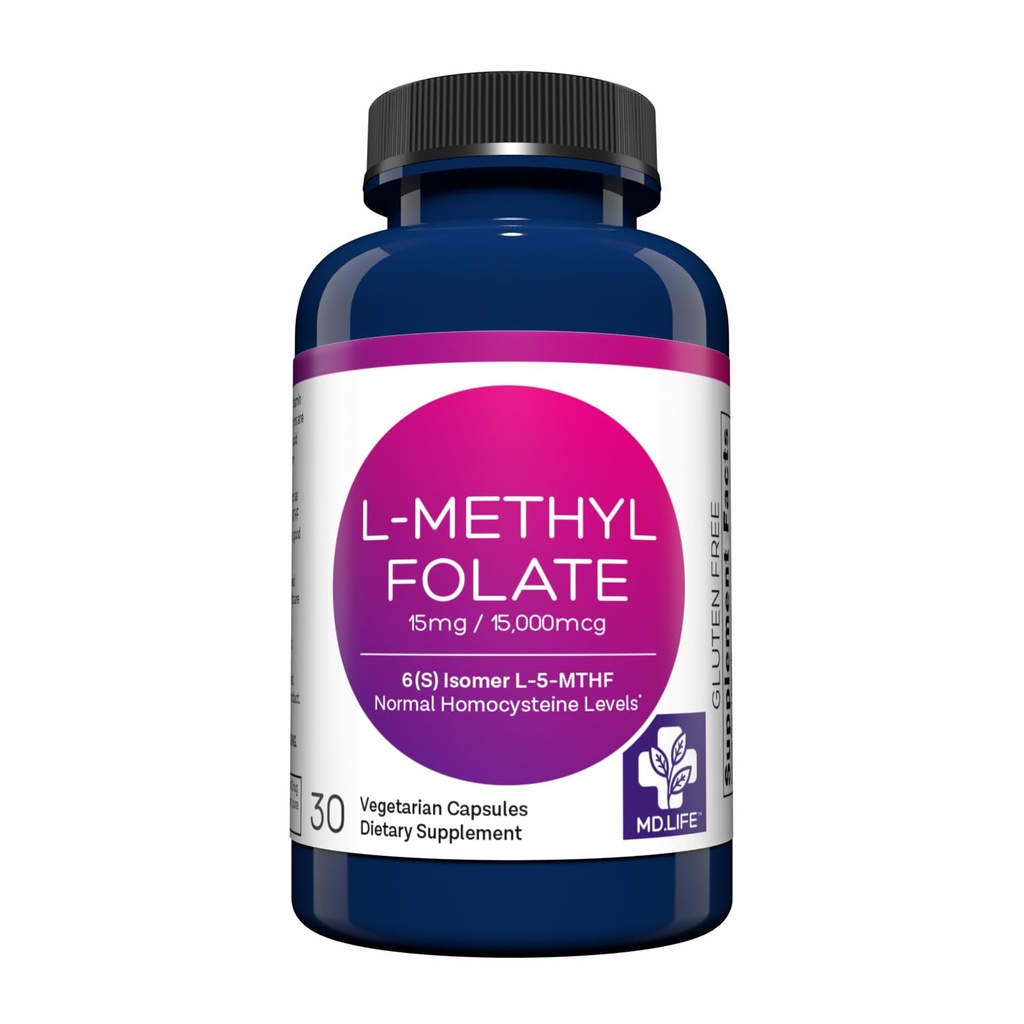 MD Life L-méthylfolate 15 mg Supplément - Supplément de méthylfolate actif de grade professionnel - 30 capsules - L-méthylfolate 15 mg - Potence maximale MTHFR W/acides aminés essentiels