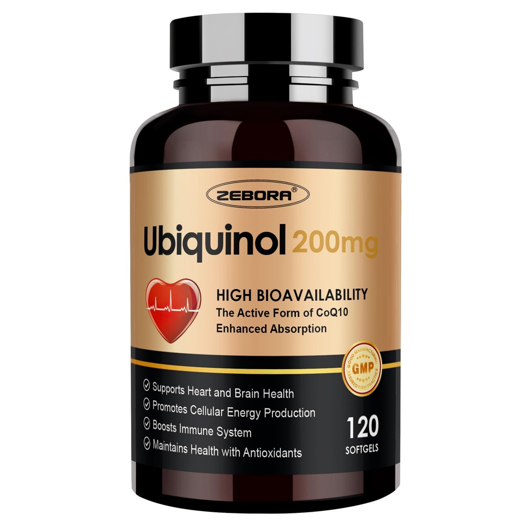 ZEBORA Ubiquinol CoQ10 200mg Softgels, 4-in-1 Leistungsstarkes Antioxidans für Herz- und Gefäßgesundheit, essentiell für Energieproduktion, Max Absorptionsaktive Form von CoQ10, 120 Softgels