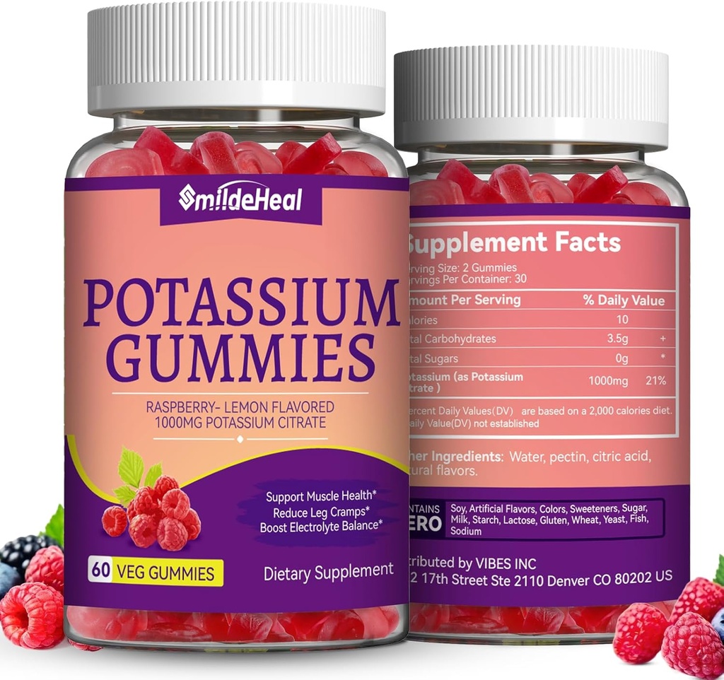 2 Pack Kalium-Ergänzungsgummis 1000mg, Kalium-Gummi-Gummigummis für Erwachsene, Unterstützung Leg Cramps & Muskel-Gesundheit - Vegan, Non-GMO, 120 Count