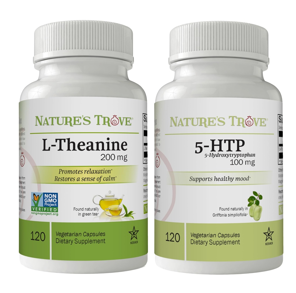 Nature's Trove L-Theanine 200mg 120 Vegetarische Kapseln & 5-HTP 100mg 120 Vegetarische Kapseln - Calm & Healthy Mood Stack