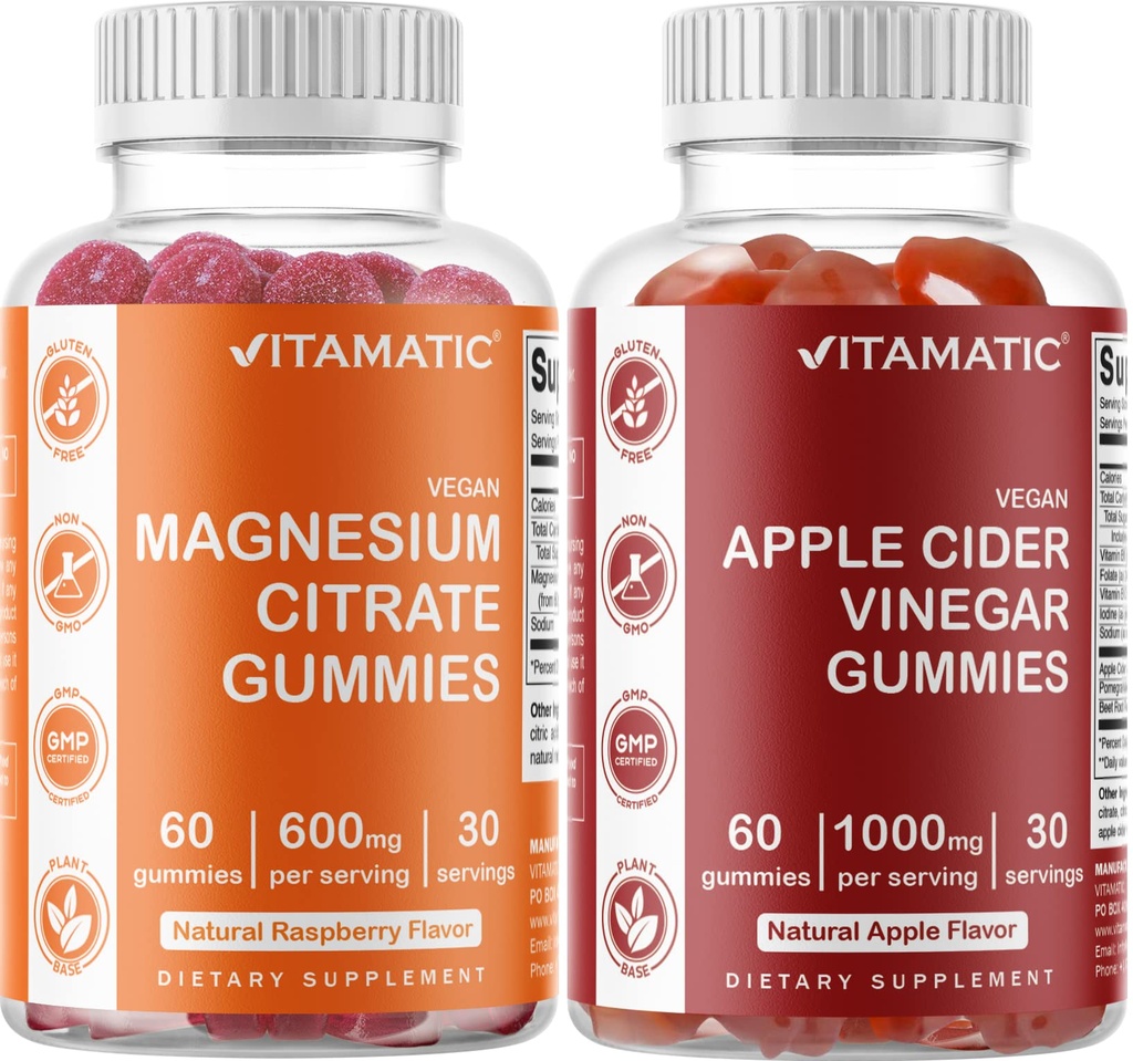 Magnésium Vitamatique et Gommies de vinaigre de cidre de pomme - 60 Vegan compte chaque