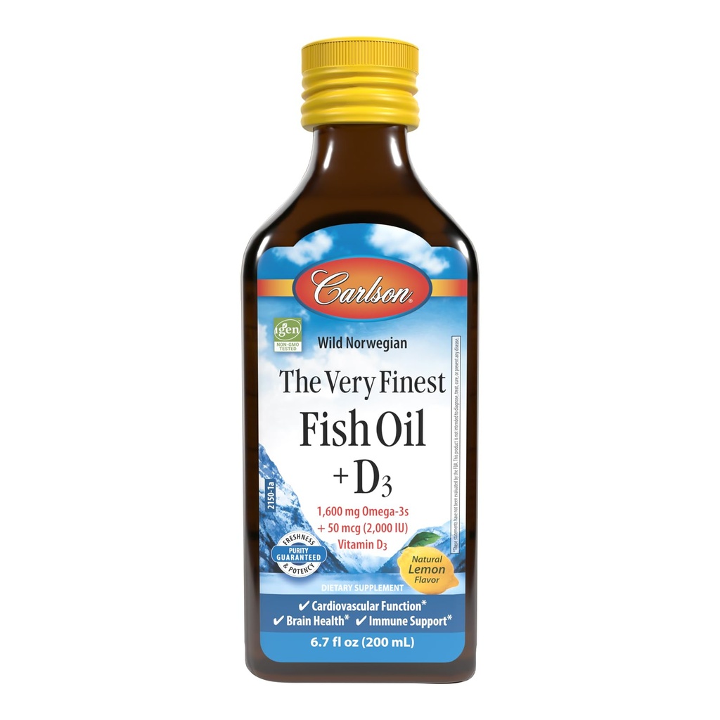 Carlson - The Very Finest Fish Oil + D3, 1600 mg Omega-3s, 50 mcg (2000 IU) Vitamin D3, Liquid Fish Oil und D3 Supplement, Norwegisch, Wild Caught, Sustainable Sourced, Lemon, 200 mL (6.7 Fl Oz)