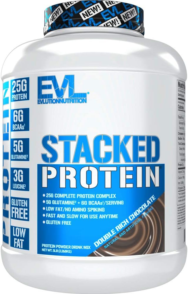 Evlution Nutrition Stacked Protein Powder -Supports Muskelwachstum, Stärke & Erholung - 25g Protein, 6g BCAAs, 5 Gramm Glutamin + 3 Gramm Leucine Per Serving -Gluten Free -5lb -Double Rich Chocolate