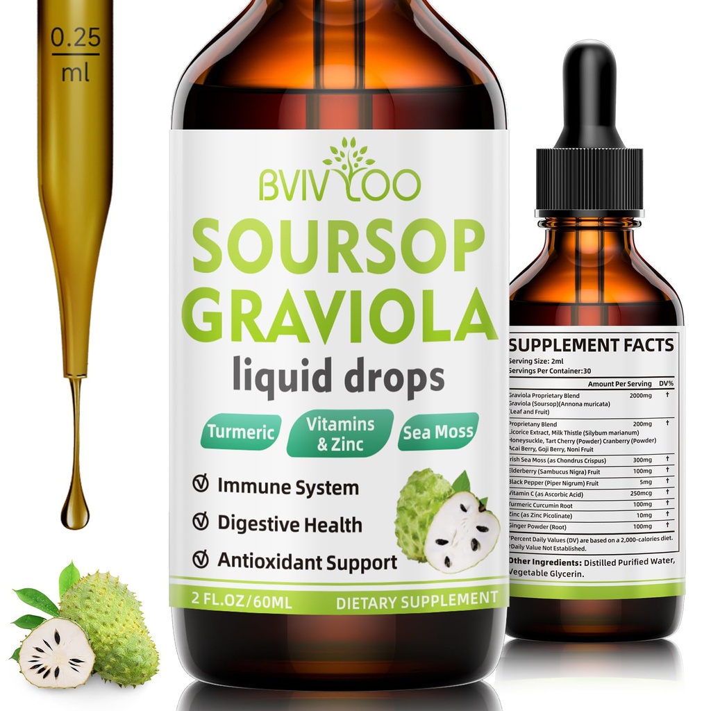 Sourop Graviola gouttes liquides - 2000mg Extrait pur de Sourop mélangé avec 300mg de mousse de mer et 100mg Elderberry - Powerful Cell Support, Antioxydant-Rich, Immune-Boosting - 2 Fl Oz (60ml) bouteille