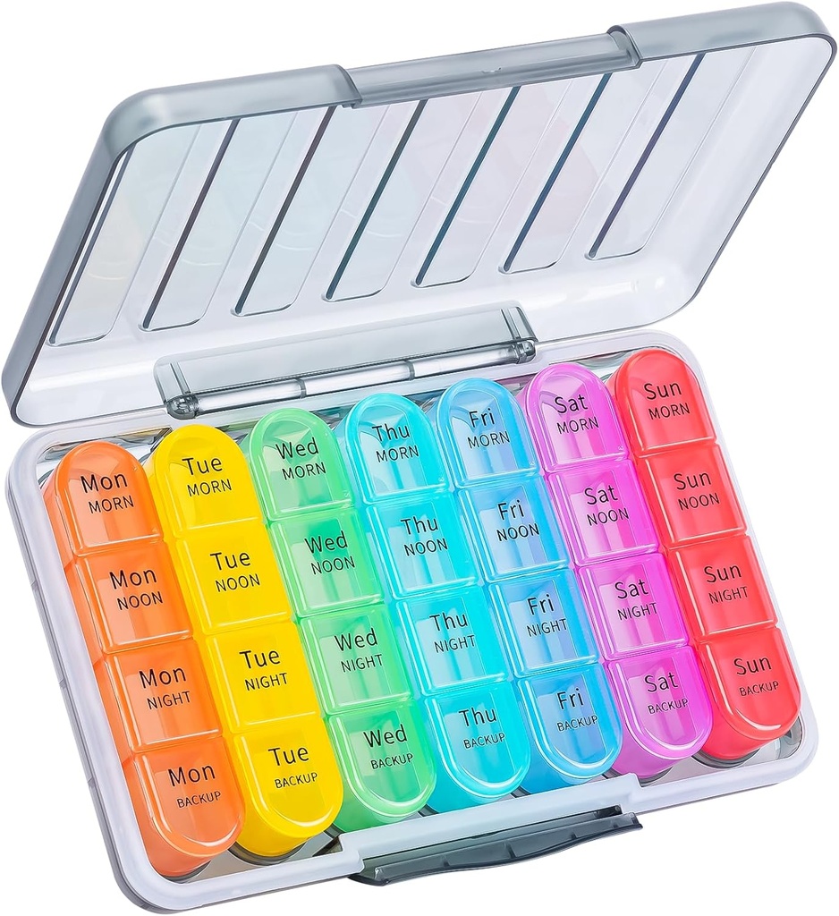 Daviky Weekly Pill Organizer 4 Mal pro Tag, Moisture-Proof Pille Box 7 Tage, Tägliche Pille Fall Medizin Organizer Box einfach zu bedienen, Reise Pille Organizer mit 28 Komponenten Vitamine & Meds halten