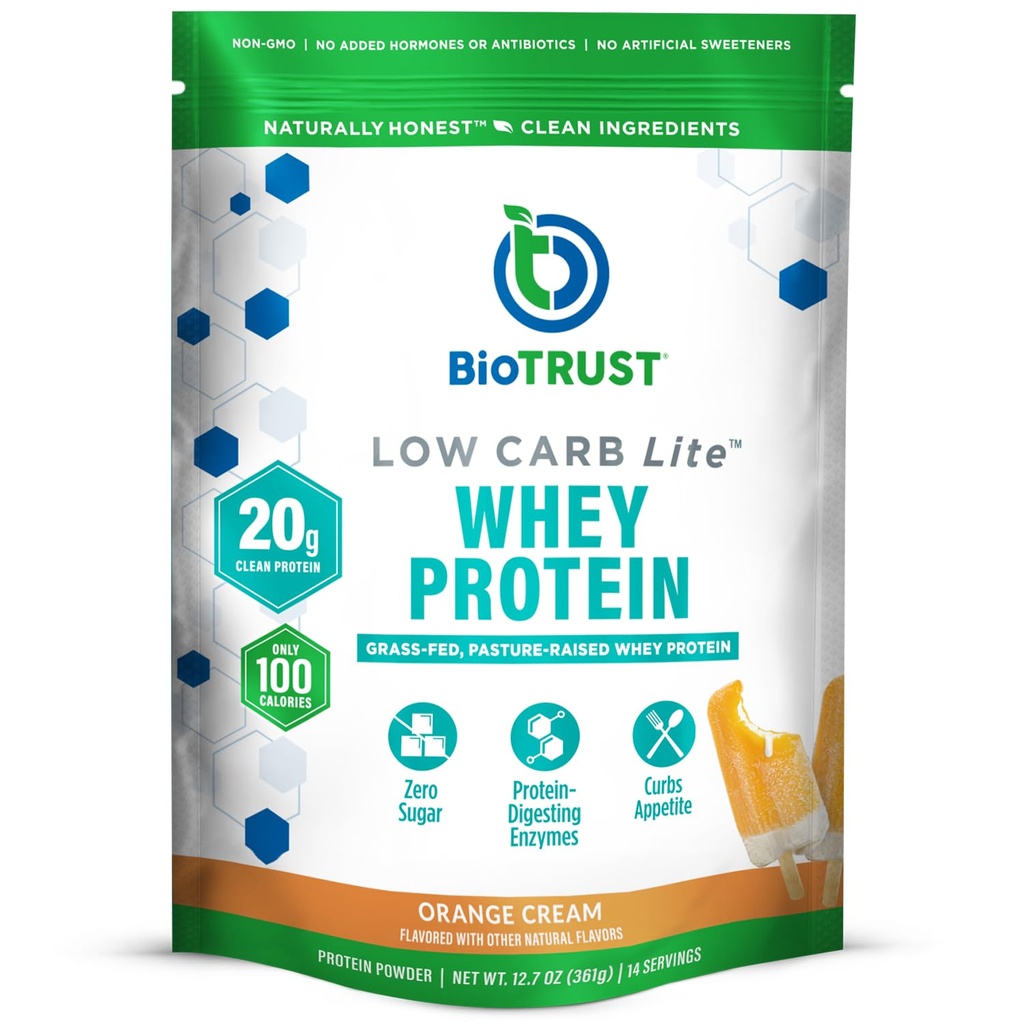 BioTrust Low Carb Lite, 20 Gramm Grass-Fed Whey Protein Isolate, 100 Kalorien, ProHydrolase Verdauungsenzyme, Non-GMO, frei von Soy und Gluten, rBGH-frei (14 Servierungen) (Orange Cream)