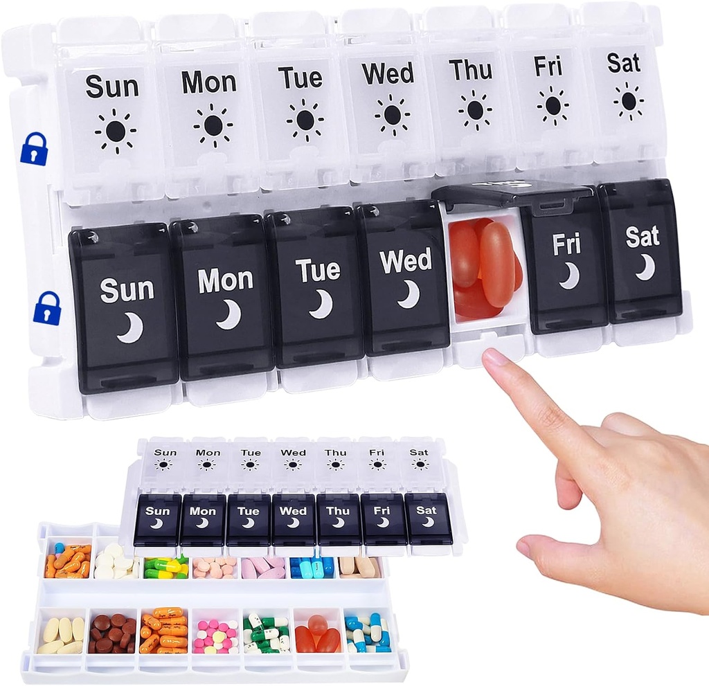 HRX Package Pill Organizer 2 fois par jour, remplissage facile et boîte de médecine hebdomadaire ouverte Valitamine Cases pour 7 jours AM PM