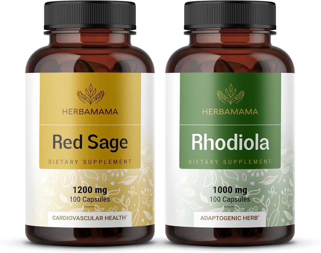 HERBAMA Red Sage und Rhodiola Kit - Bundle von 1200 mg Red Sage Dan Shen & 1000 mg Rhodiola Rosea Capsules - Vegan, Non-GMO, Sugar & Gelatin-Free - 2 Pack
