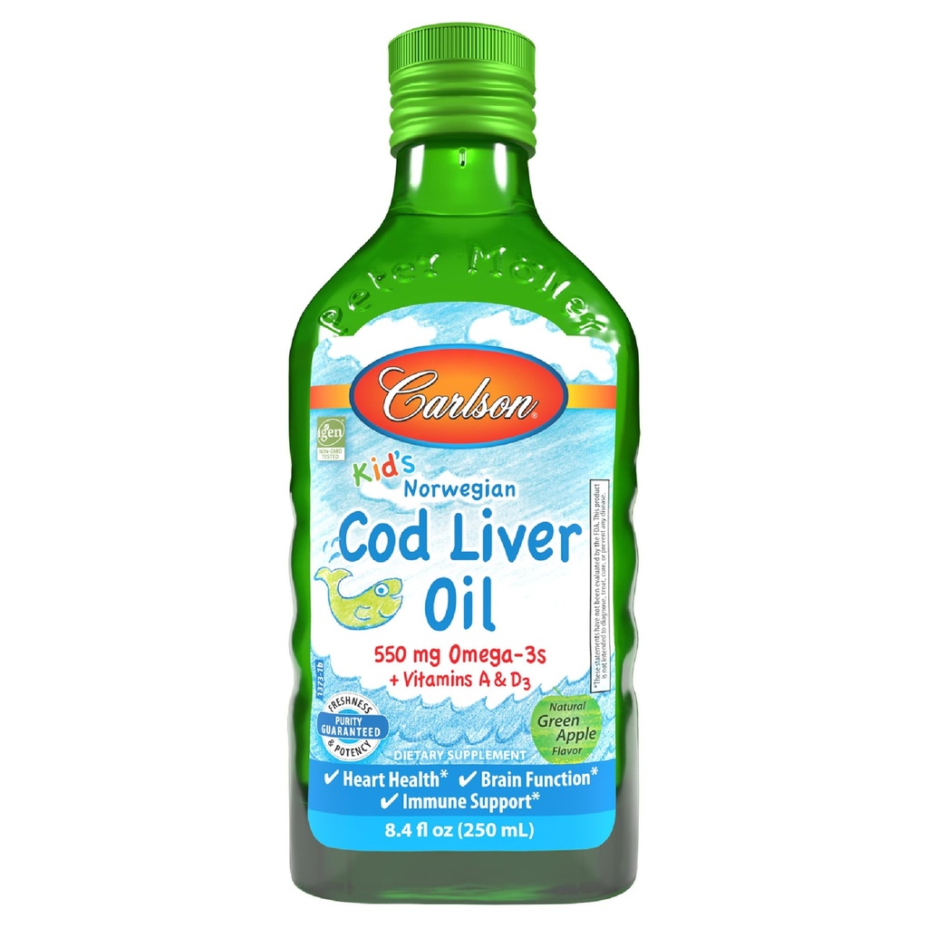 Carlson - Kid's Cod Liver Oil, 550 mg Omega-3s, Plus Vitamine A und D3, Liquid Fish Oil, Wild Caught Norwegian Arctic Cod, Sustainable Sourced Nordic Fish Oil, Green Apple, 250 mL (8.4 Fl Oz)