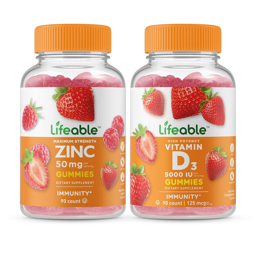 Lebendige Zink 50mg + Vitamin D 5000 IU, Gummies Bundle - Große Verkostung, Vitamin-Ergänzung, Glutenfrei, GMO frei, Kaugummi