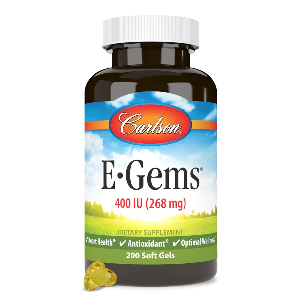 Carlson - E-Gems, 400 UI, Santé cardiovasculaire et bien-être optimal, Antioxydant, 200 gels mous