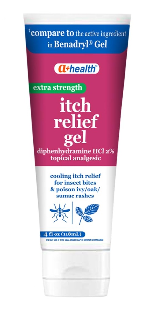 A+Health Extra Strength Itch Relief Gel, 2% Diphenhydramine HCl, 4 fl oz, Relief from Itching and Pain from Insect Bites, Sunburn, Rashes, Poison Ivy, Oak, Sumac, Topical Analgesic