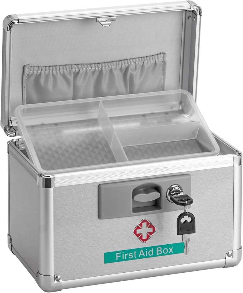 Metallmedizin Aufbewahrungsbox mit Schlüssel, 10 x 6 x 6,7” Erste Hilfe Box Lock für Medikamente, Smell Proof Box Leer Organizer für Zuhause, Dorm, Büro