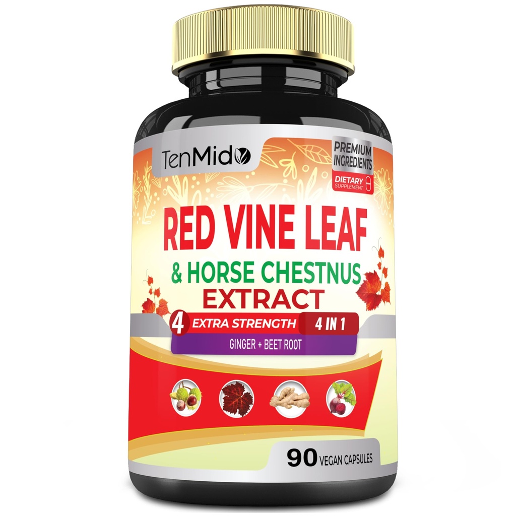 Rote Vine Blatt Extrakt Kapseln - mit Pferd Chestnut, Beet Root, Ginger - Kräuterergänzung für Herz, Leg Vein & Energy - 90 Vegan Kapseln für 45 Tage