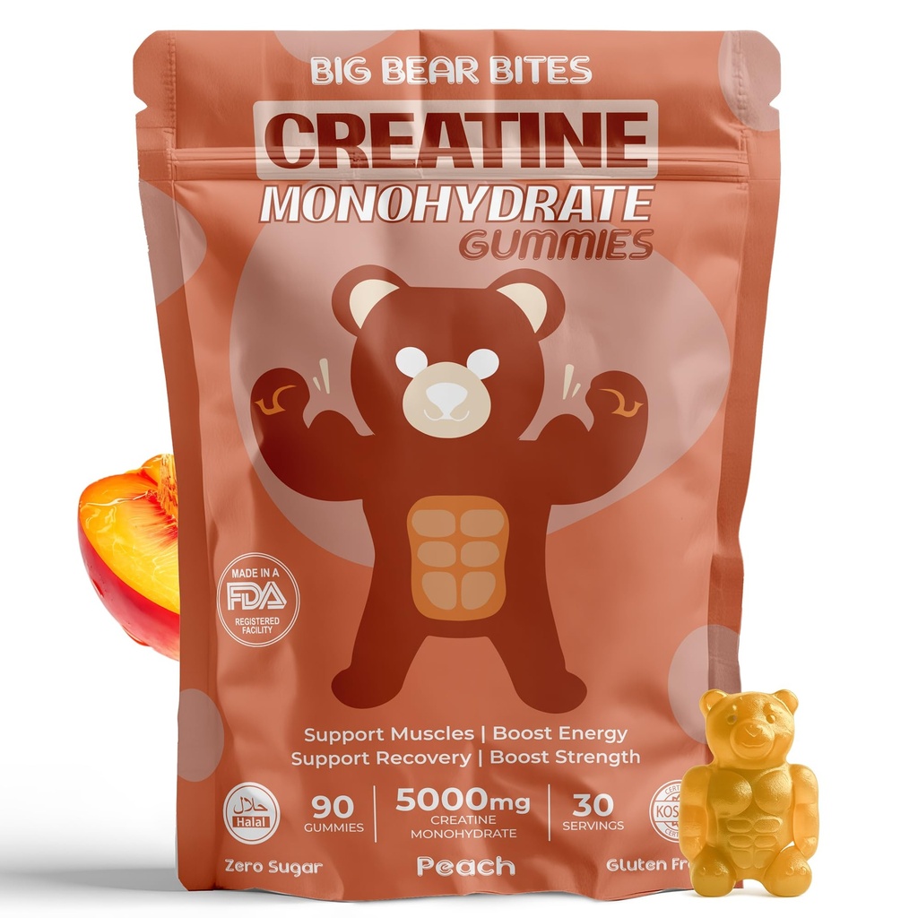 Creatine Monohydrate Gummie für Männer & Frauen | 5000mg Creatine Gummis pro Servieren | Zucker, Gluten Free & Halal | Pack von 90 für Pre Workout & Muskel Erholung | Peach Flavor