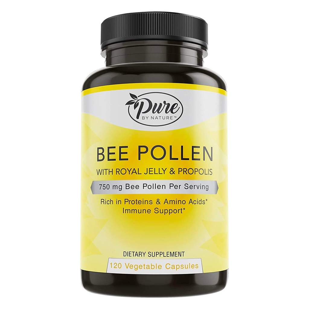 Pure By Nature Bee Pollen Ergänzung mit Propolis & Royal Jelly für Immununterstützung, Antioxidante Eigenschaften, 120 Non-GMO Vegetarische Kapseln