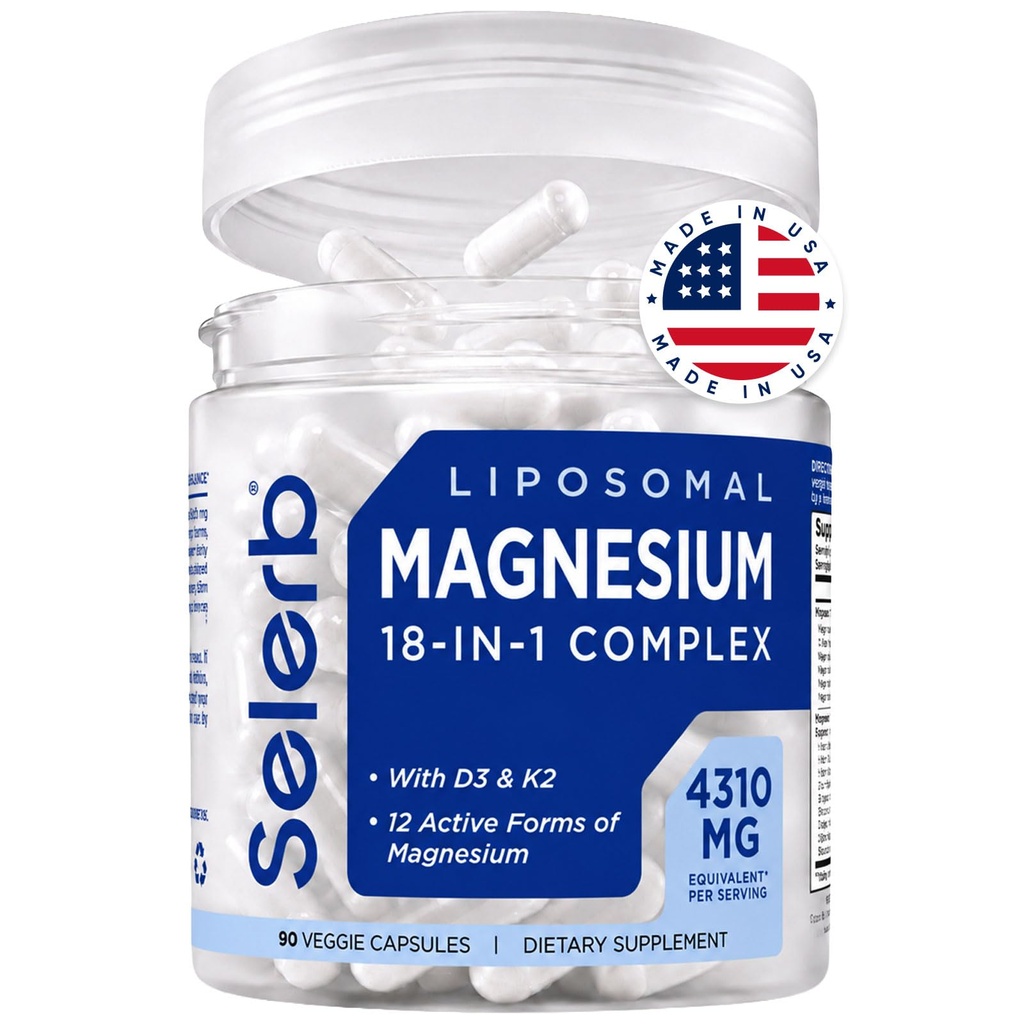 18 in 1 Magnesium Complex for Women and Men | Liposomal Magnesium Supplement with Glycinate, Citrate, Malate, Taurate, D3 & K2 | High Absorption for Muscle, Sleep, Bone, Nerve Support | 90 Capsules