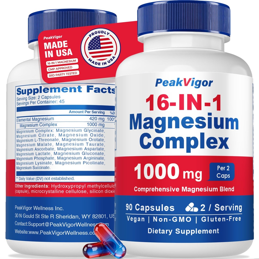 16 in 1 Magnesium Complex, 1000mg Magnesium Complex Supplement for Women with Magnesium Glycinate, Citrate, Orotate, L-Threonate, Malate, Third-Party Tested, Easy-Swallow Vegan Capsules