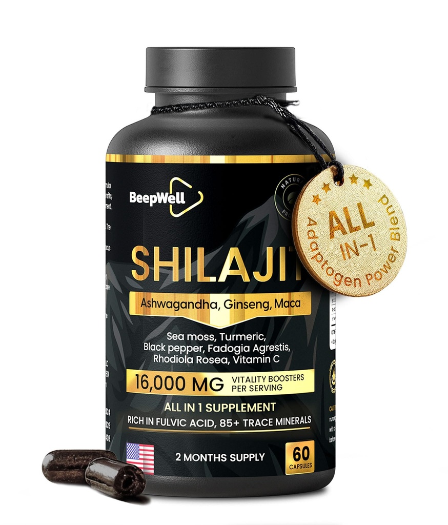 Shilajit Capsules pour hommes et femmes, 16,000mg Pure Himalayan Organic Shilajit soutient la vitalité et le bien-être,Premium Pure Himalayan Supplément 2 mois d'approvisionnement, 60 capsules