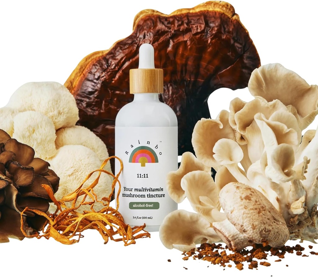 Rainbo - 11:11 Multi Mushroom Tection - 11-en-1 Sans alcool - Dual Extract Mushroom Mix - Soutien immunitaire complet, soutien du cerveau, liquide Lion's Mane & Turkey Tail, Vegan, non OGM, 3,4 fl oz