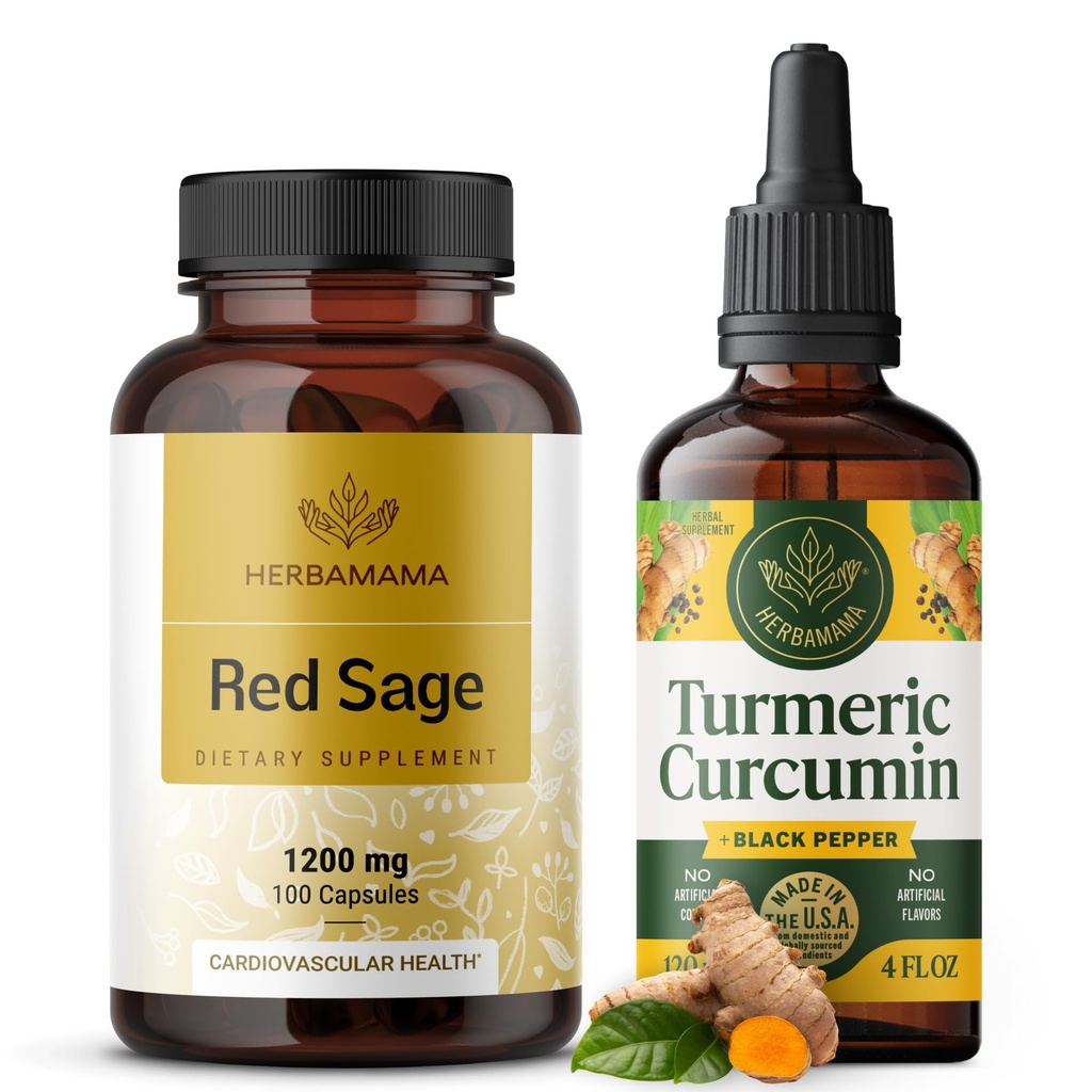 HERBAMA Red Sage and Turmeric Kit - Bundle von 1200 mg Red Sage Dan Shen Capsules & Turmeric Curcumin Drops 2 fl oz - Vegan, Non-GMO, Zucker & Alkoholfrei - 2 Pack
