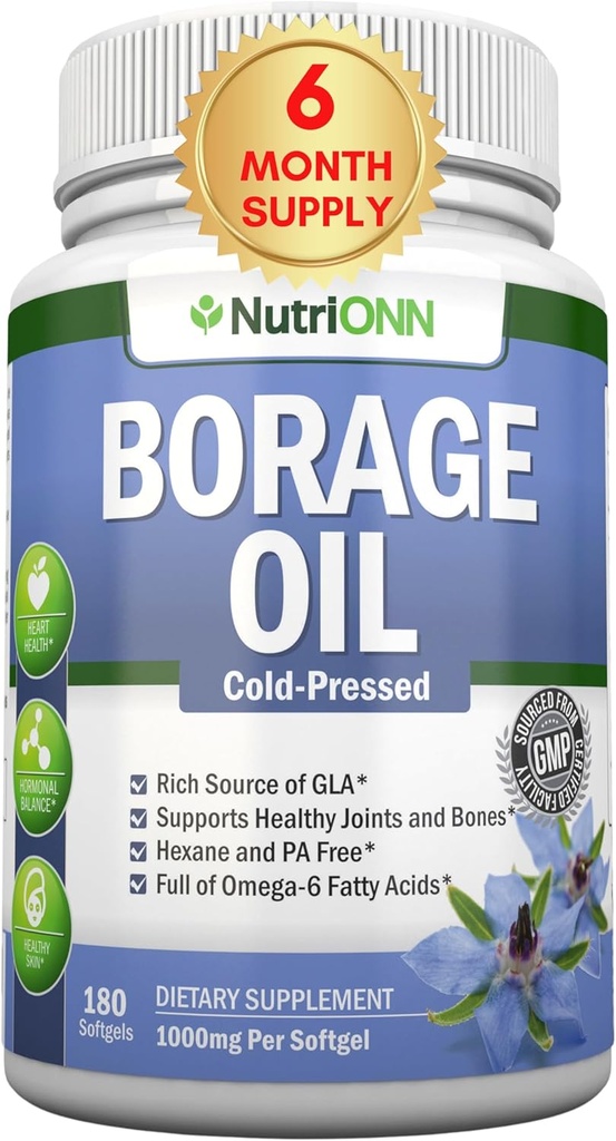 Borage Oil - 1000 mg - 180 Softgels - Kalt gepresstes High GLA Borage Seed Oil - Hexane und PA Free - Toll für Haut, Haar und Knochen.