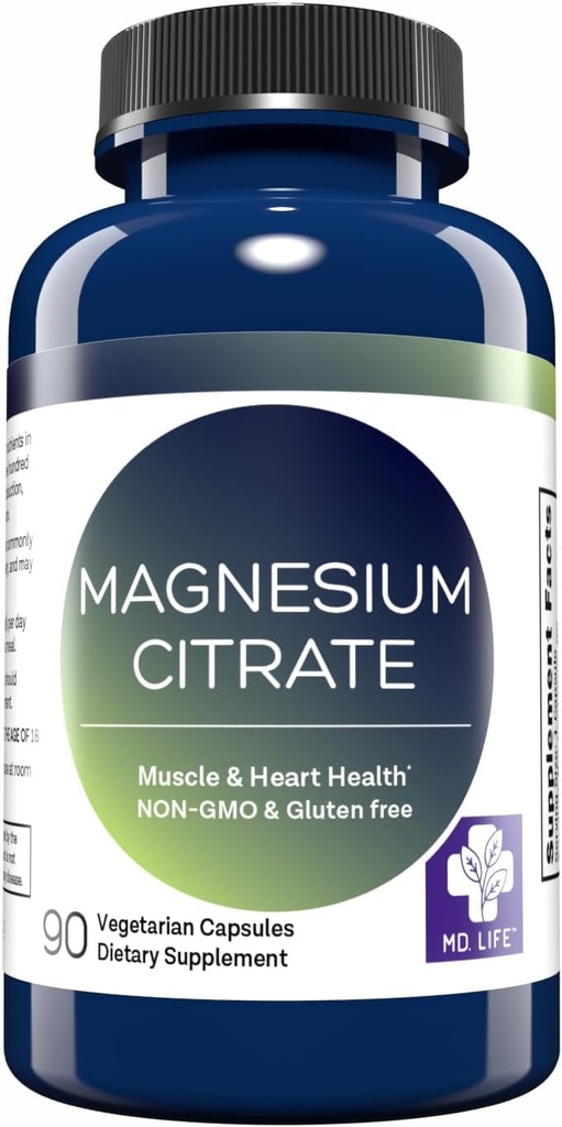 MD. Life Magnesium Citrate 250 mg – 90 Kapseln – Hohe Absorption Magnesium Citrat-Ergänzung – Einfach-zu-Swallow Kapseln für Muskel-, Nerven-, Herz-, Schlaf- und Knochenunterstützung