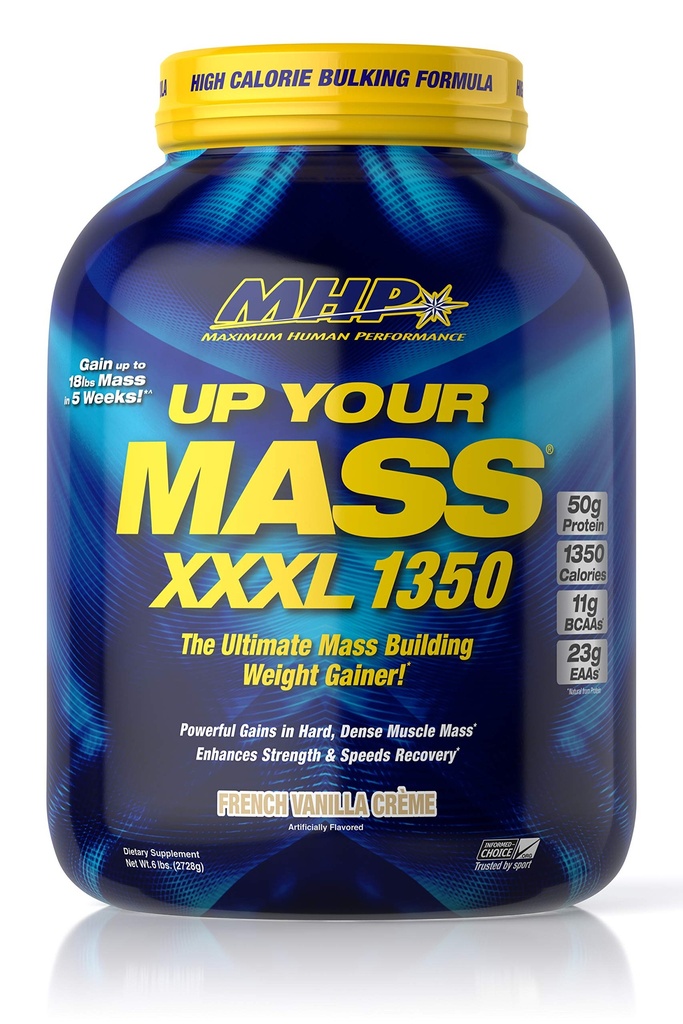 Performance humaine maximale MHP UYM XXXL 1350 Mass Building Gainer de poids, gains de masse musculaire, w/50g Protéines, Calories hautes, 11g BCAAs, Leucine, Française Vanilla Creme, 8 portions