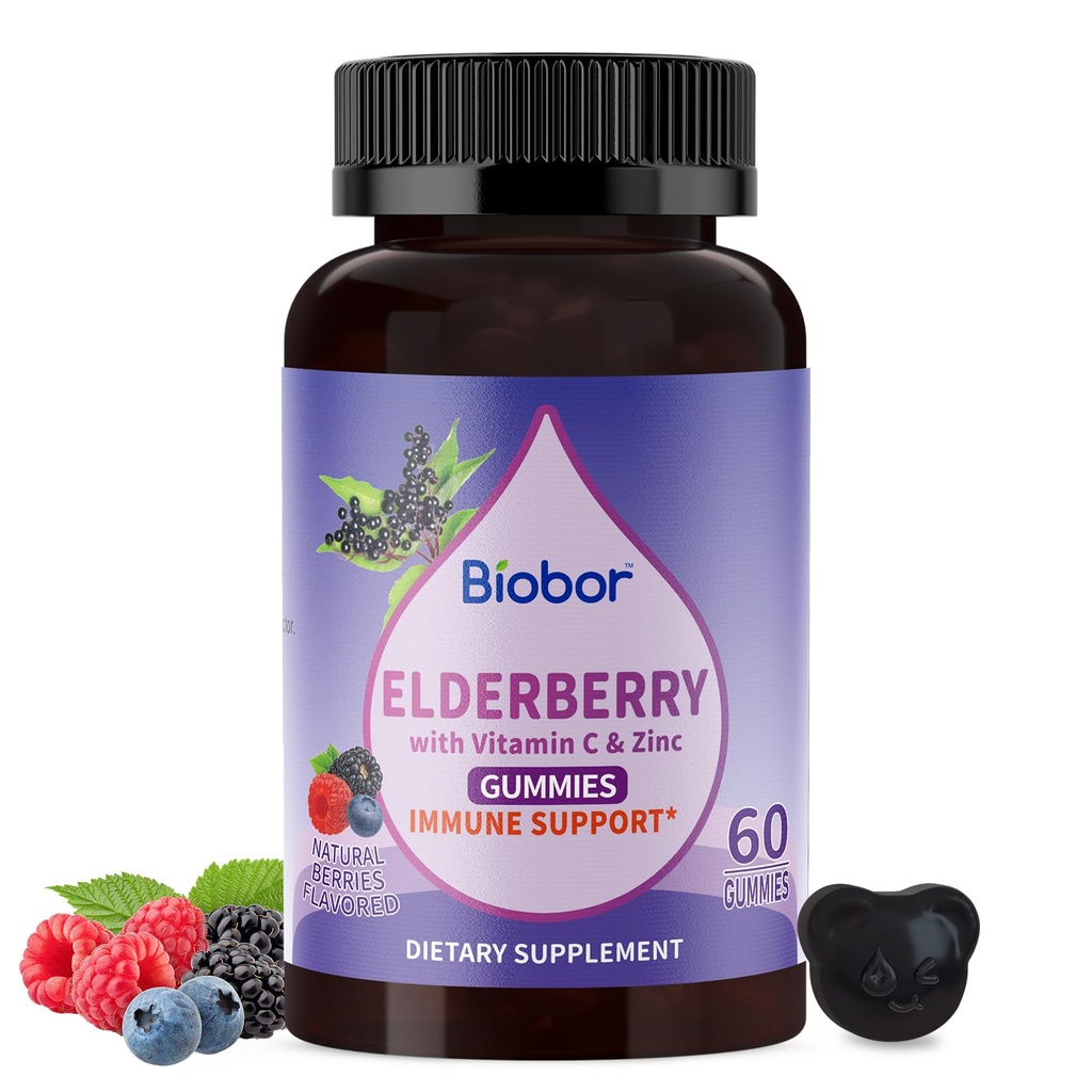 Gummées de mûres noires naturelles 150mg, Extrait de fruits de mûre avec vitamine C et zinc, Gummées d'herbes ElderCraft® aide quotidienne aux enfants et aux adultes, 60 Nombre