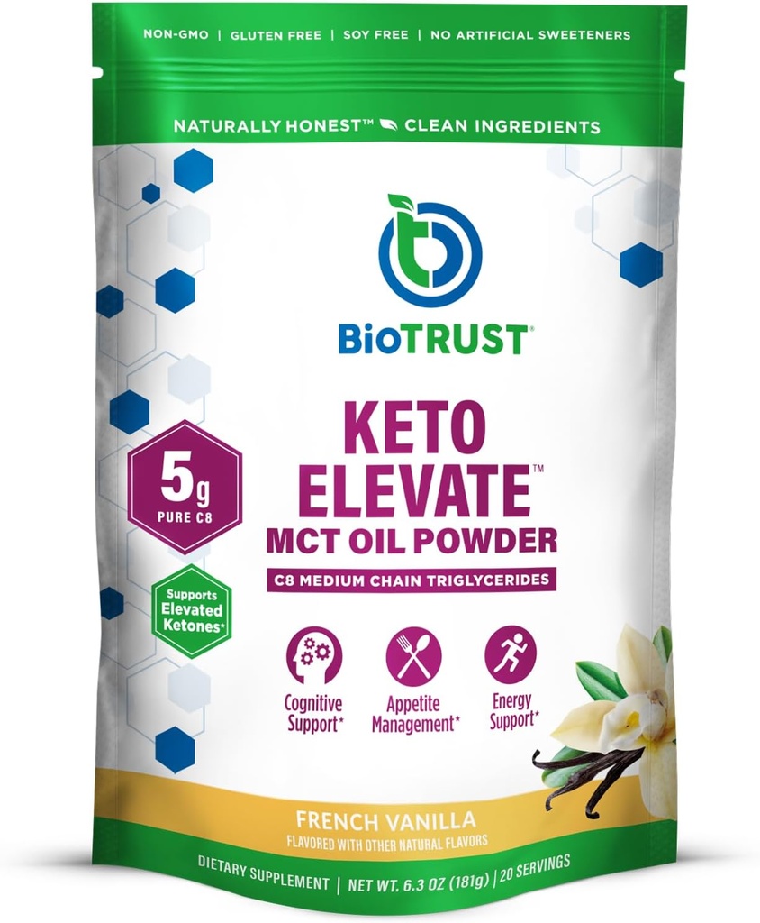 BioTrust Keto Elevate – C8 MCT Ölpulver – Ketogenic MCT Kaffeecreme, Keto Coffee Creamer – Clean Energy, Mental Focus, Clarity –100% Caprylic Acid MCT Powder, Non-GMO(Französische Vanille, 20 Servierungen)