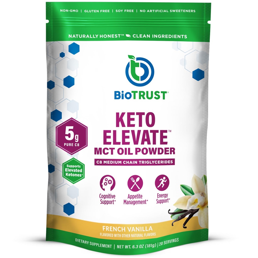 BioTrust Keto Elevate – C8 MCT Oil Powder – Ketogène MCT Coffee Creamer, Keto Coffee Creamer – Énergie propre, Focus mental, Clarté – 100% acide caprylique MCT Powder, Non-OGM (Vanille française, 20 portions)