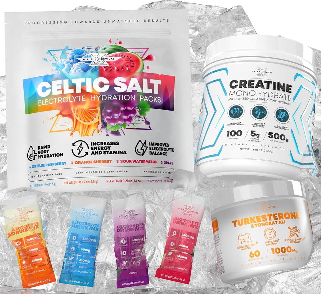 Celtic Salt Electrolytes Powder Packets + Creatine Monohydrate Powder Supplement + Turkesterone & Tongkat Ali 1000mg Supplement