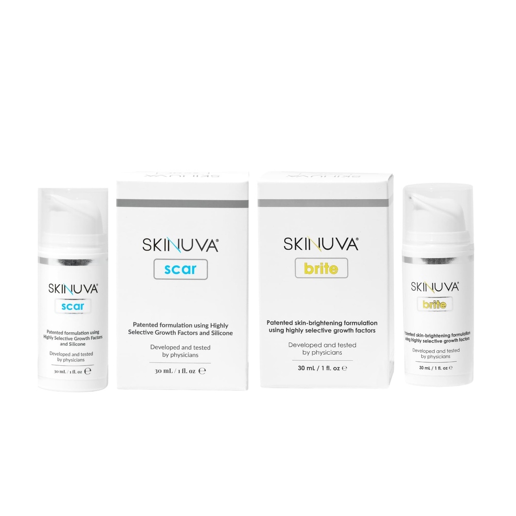 Skinuva® Scar (1 oz) & Brite (1 oz) - Advanced Silicone Cream Matrix & Tone-Enhancing Cream Bundle Made with Growth Factors - Help Reduce the Appearance of Scars & Discoloration