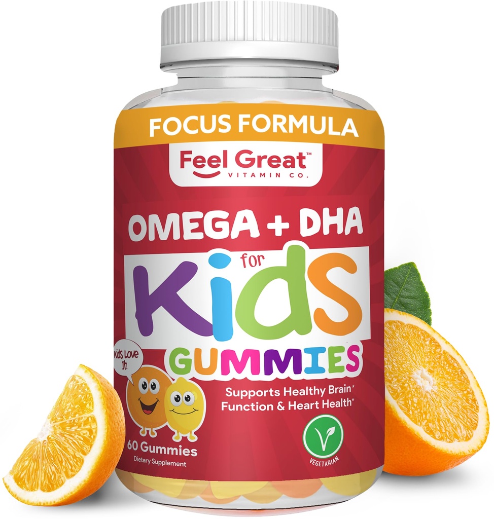 Feel Great Vitamin Co. Complete DHA Gummis für Kinder | mit Omega 3 6 9 + DHA, Vitamin C | Unterstützt gesunde Gehirnfunktion, Vision & Heart Health | Glutenfrei, Vegetarisch | 60 Gummis