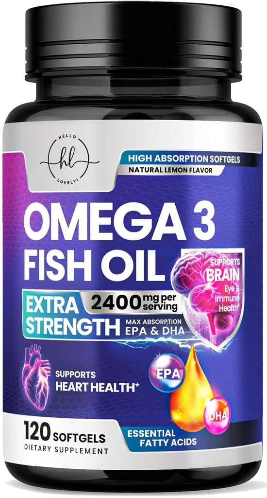 Omega 3 Suppléments à l'huile de poisson 2400mg - Triple force Omega 3 Acides gras, Santé du cœur naturel Cerveau et soutien articulaire - Acides gras avec EPA et DHA - Supplément à l'huile de poisson capturé sauvage - 120 Softgels