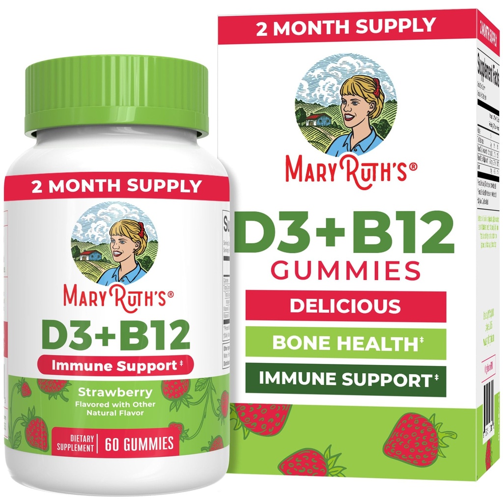 MaryRuth Organics Vitamine Végétale D3 + Vitamine B12 Gummées 2 Mois d'approvisionnement Soutiens Bone Health (supplément de soutien immunitaire) Suppléments énergétiques (supplément énergétique) Méthyl B12 Vegan Non-OGM Sans gluten (60 portions)