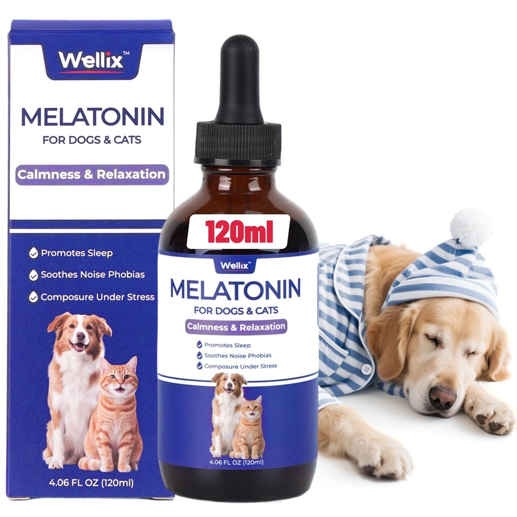 Wellix 4oz Larger Volume Melatonin for Dogs&Cats – Liquid Melatonin Drops, Sleep Aid, Dog Calming for Hyper Dogs, Cat & Dog Sedative for Grooming, Stress Relief, Bacon Flavor