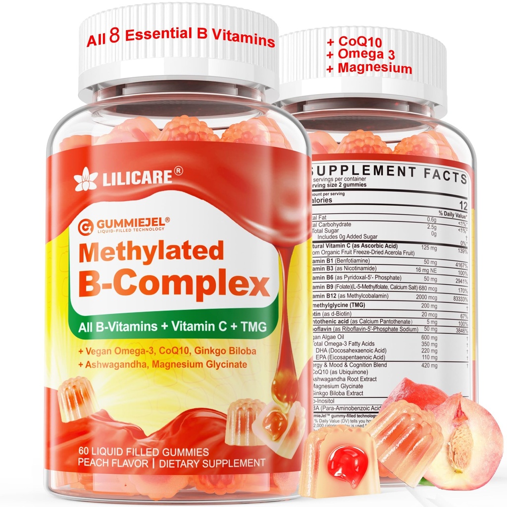 Gommies complexes de vitamine B superméthylées - Toutes les vitamines B + Oméga-3, Magnésium, CoQ10, Ashwagandha,Vitamine C, TMG- pour les femmes Méthyl B12 2000 mcg, Méthylfolate, B1,B2, B3,B5,B6,B7- Sans sucre