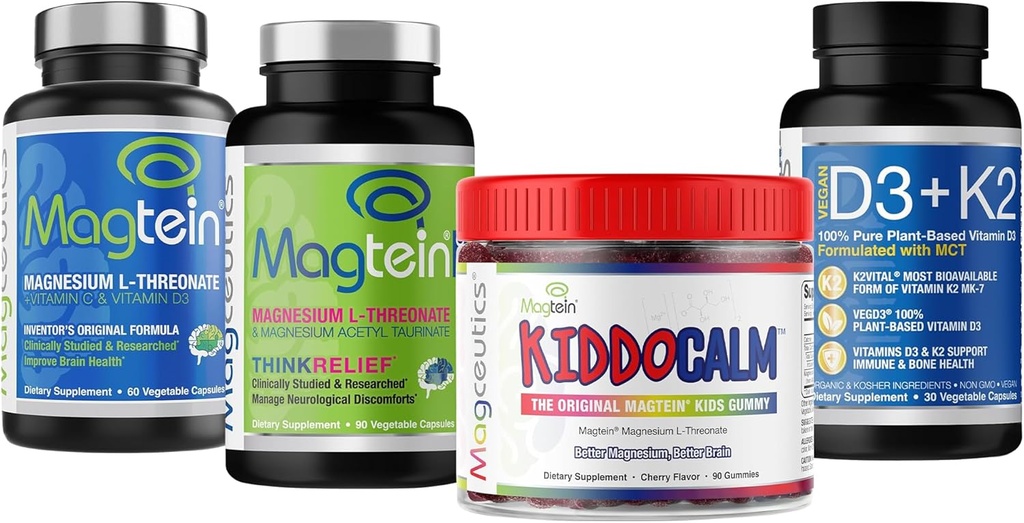Magtein Magnesium L-Threonate 60 Kapseln, Magceutics MagteinPRO 90 Kapseln, KIDDOCALM Gummie 90 Kapseln, Vitamin D3 K2 30 Kapseln - Bundle