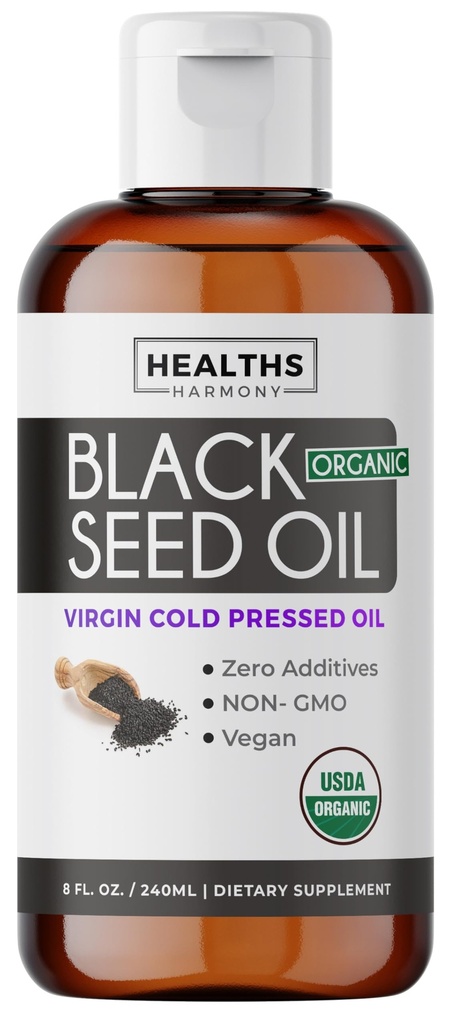 USDA Huile de graines de cumin noir biologique liquide (8 fl oz) Nigella Sativa premium à pression froide produisant pur - supplément antioxydant - végétalien, sans gluten et sans OGM (pas de pilules ou capsules)