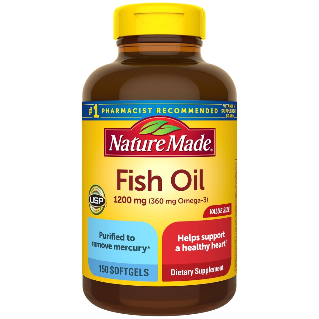 Naturgemachtes Fischöl Omega 3 Ergänzungen, 1200 mg Softgels, Omega 3 Fischöl für gesunde Herzunterstützung, 150 Softgels, 75-Tage-Versorgung